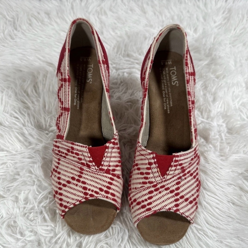 TOMS Womens Size 6.5 Red/White Cork Wedge Peep Toe Sandals Heels Shoes